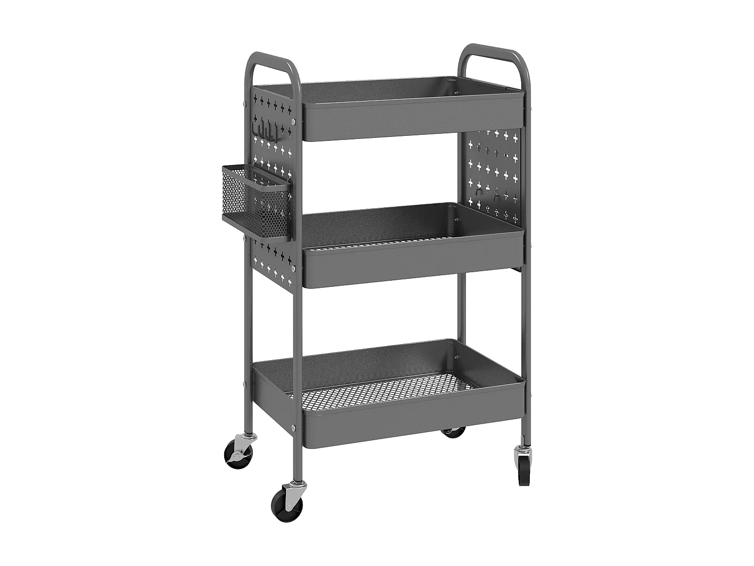 Carrello di servizio a 3 ripiani con 2 cestini sospesi, acciaio, grigio scuro (53,5x30,5x75 cm)