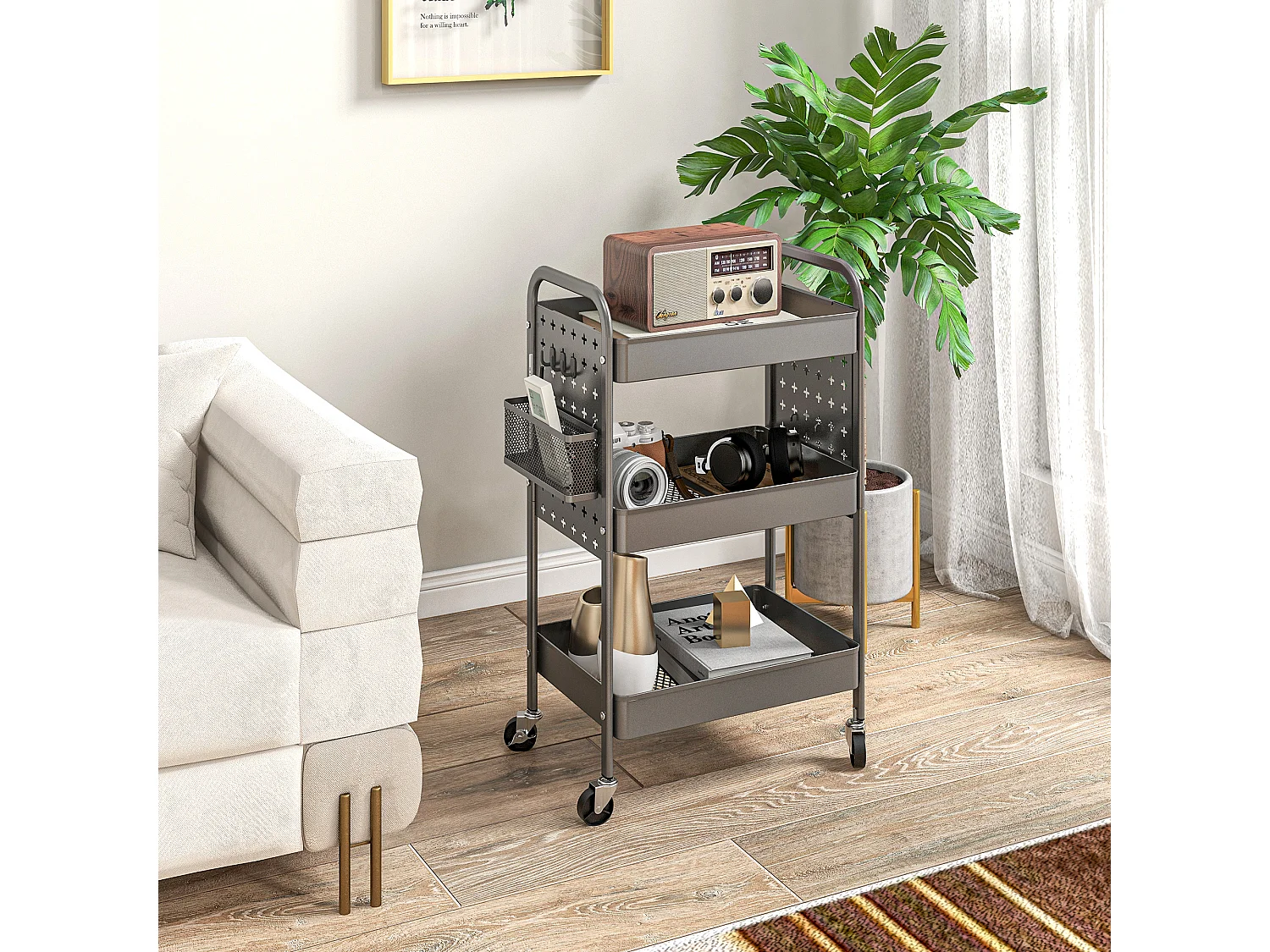 Carrello di servizio a 3 ripiani con 2 cestini sospesi, acciaio, grigio scuro (53,5x30,5x75 cm)