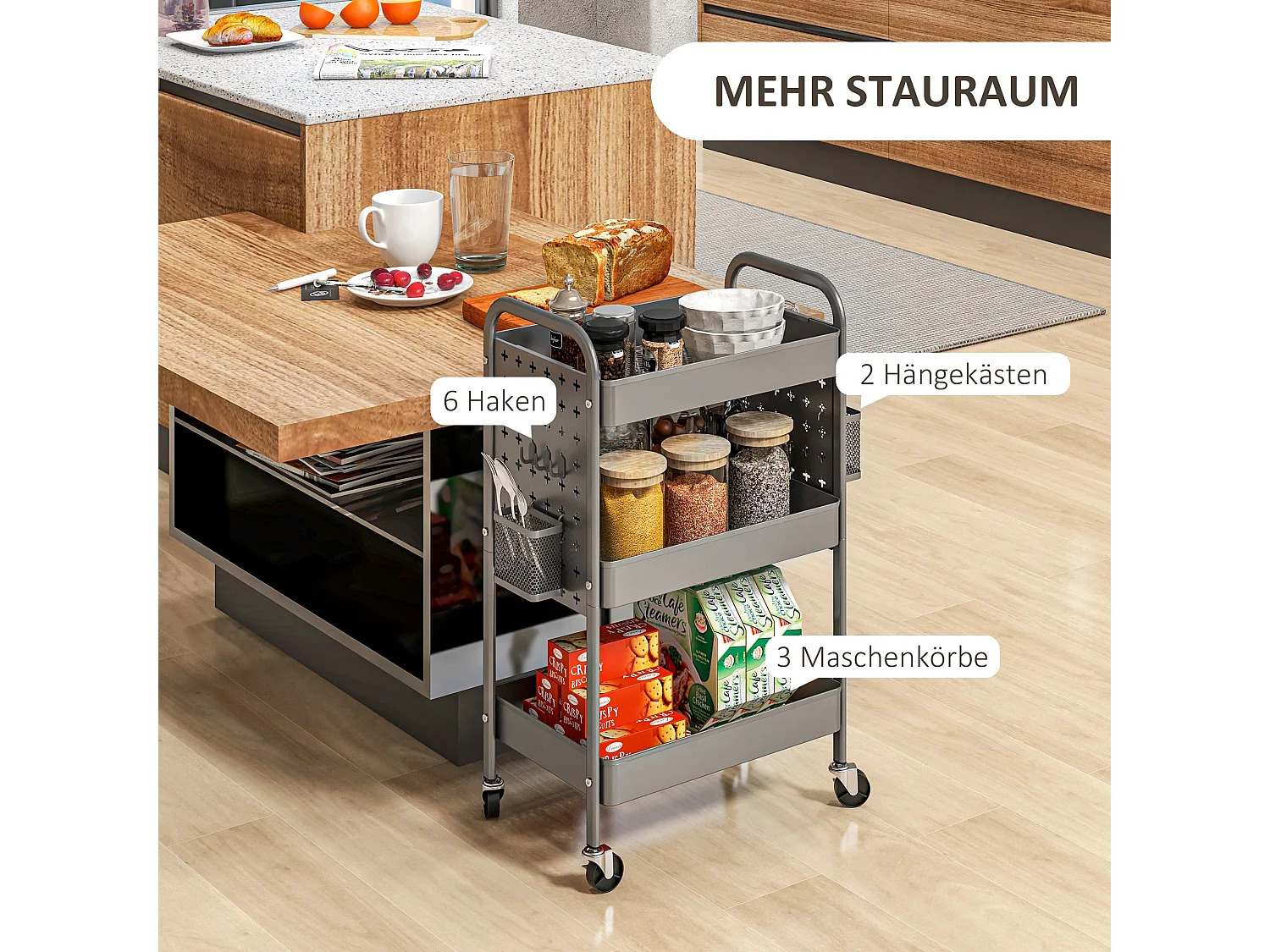 Carrello di servizio a 3 ripiani con 2 cestini sospesi, acciaio, grigio scuro (53,5x30,5x75 cm)