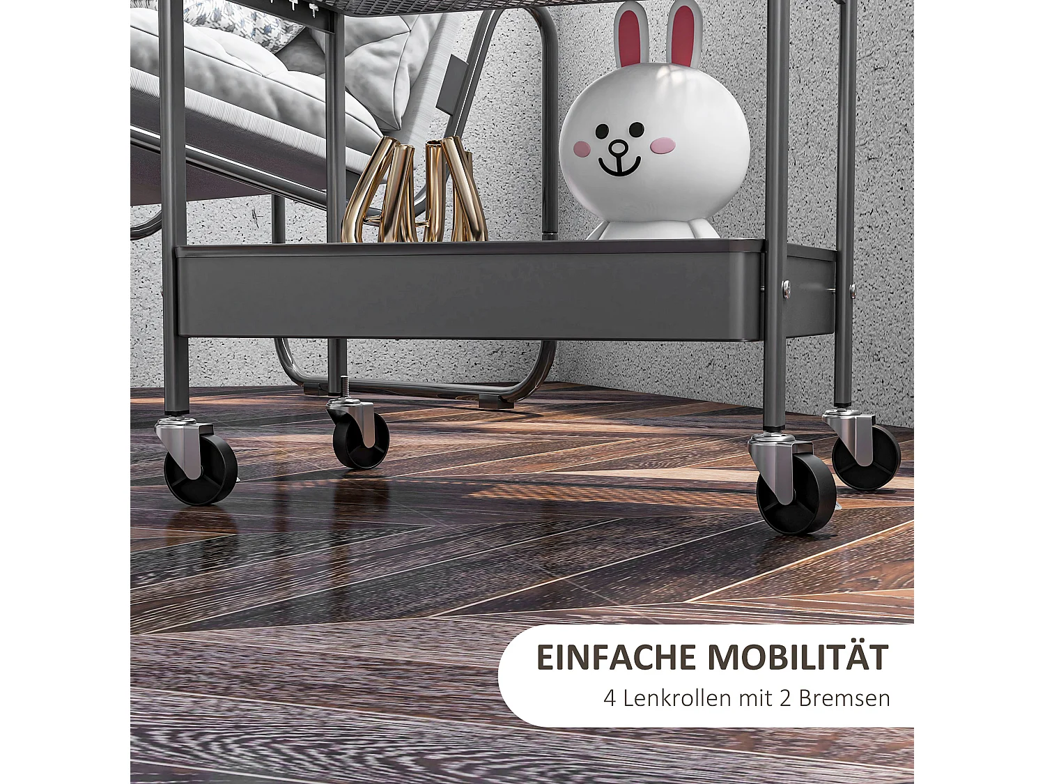 Carrello di servizio a 3 ripiani con 2 cestini sospesi, acciaio, grigio scuro (53,5x30,5x75 cm)