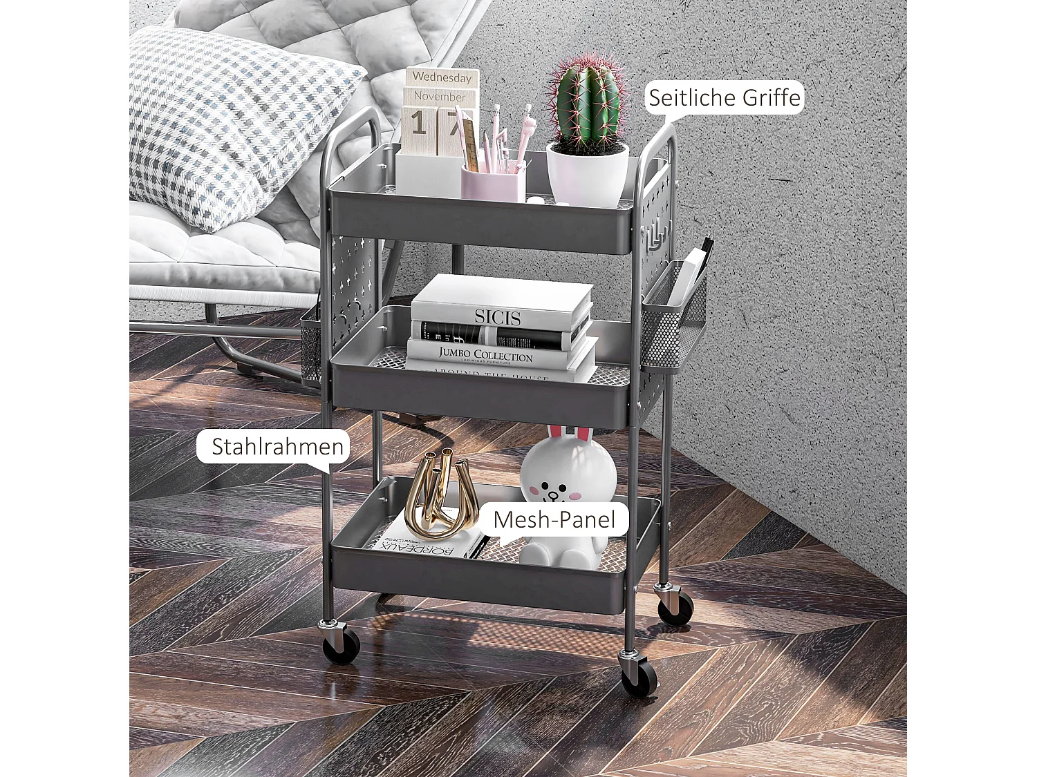 Carrello di servizio a 3 ripiani con 2 cestini sospesi, acciaio, grigio scuro (53,5x30,5x75 cm)