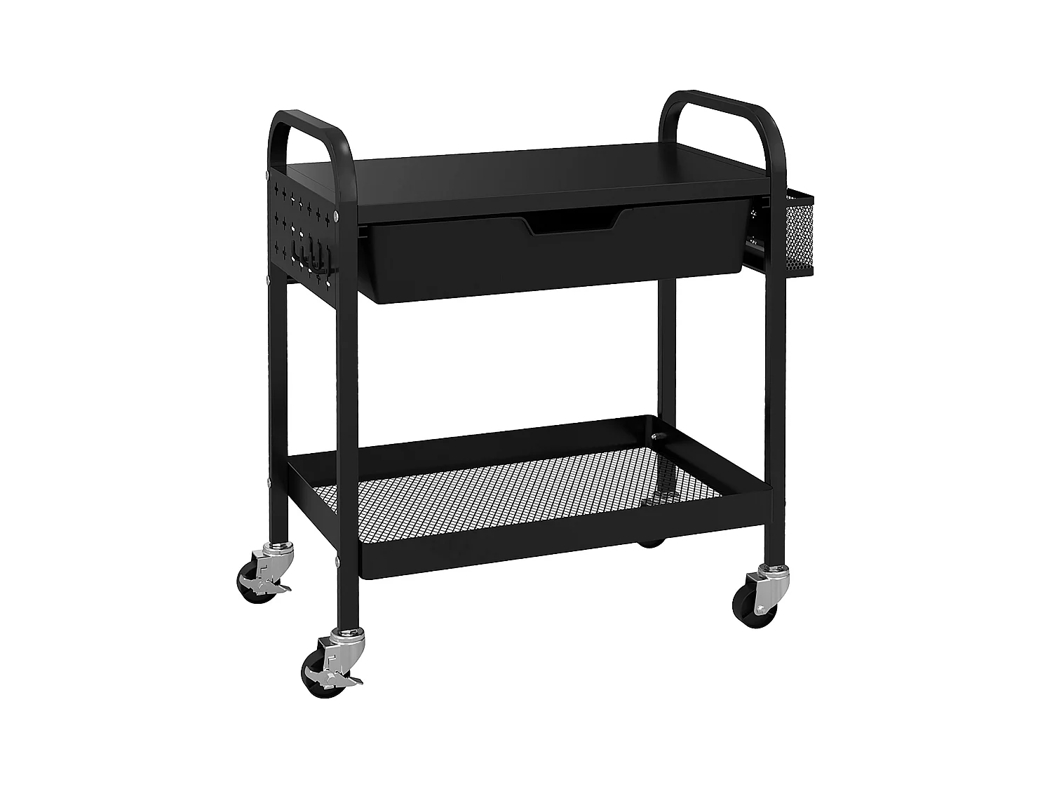 Serveerwagen met 1 lade, 1 plank, handdoekrek en wielen, in zwart metaal (61x32,6x58,5 cm)