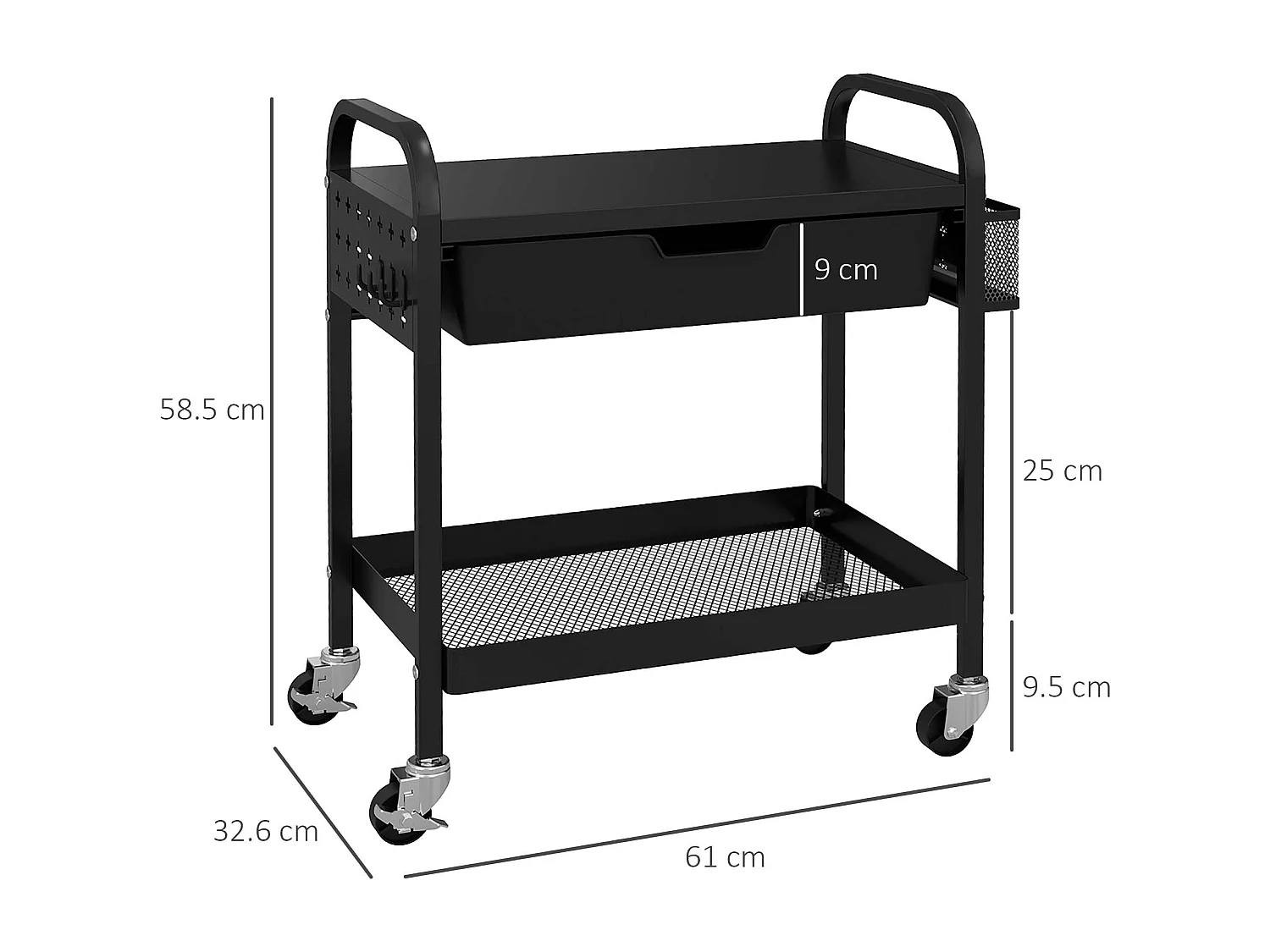 Serveerwagen met 1 lade, 1 plank, handdoekrek en wielen, in zwart metaal (61x32,6x58,5 cm)