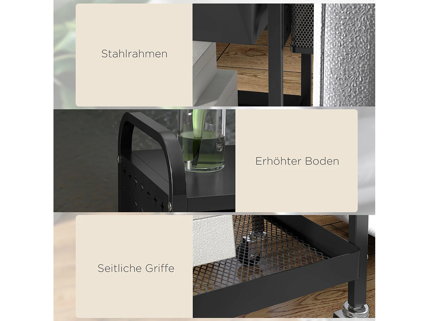 Serveerwagen met 1 lade, 1 plank, handdoekrek en wielen, in zwart metaal (61x32,6x58,5 cm)