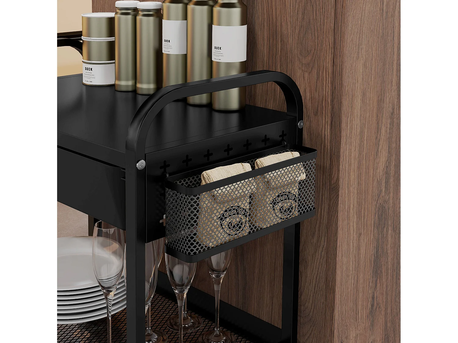 Serveerwagen met 1 lade, 1 plank, handdoekrek en wielen, in zwart metaal (61x32,6x58,5 cm)