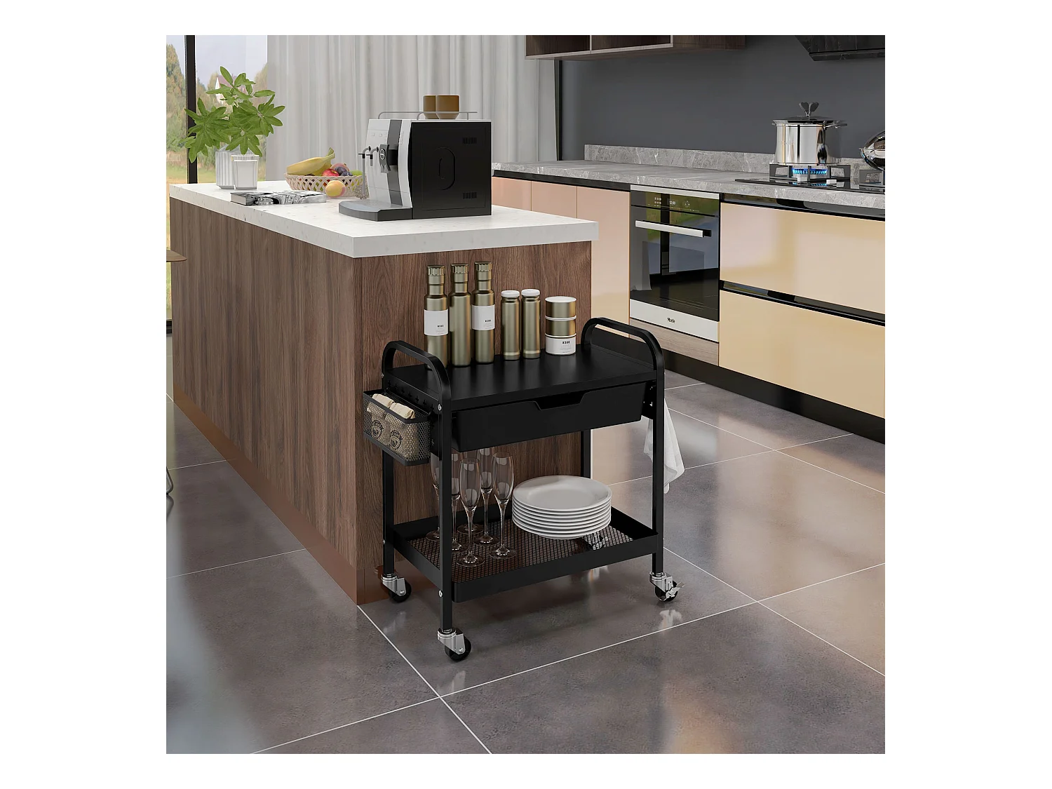 Chariot de service avec 1 tiroir, 1 étagère, porte-serviettes et roulettes, en métal noir (61x32.6x58.5 cm)