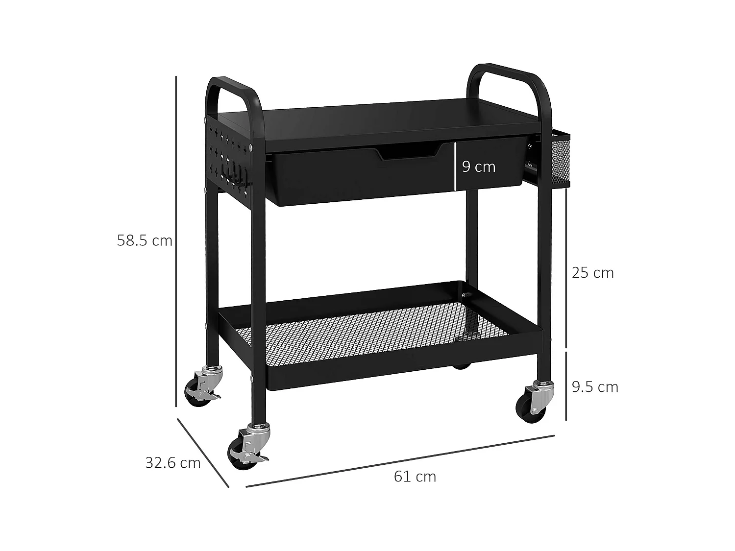 Chariot de service avec 1 tiroir, 1 étagère, porte-serviettes et roulettes, en métal noir (61x32.6x58.5 cm)
