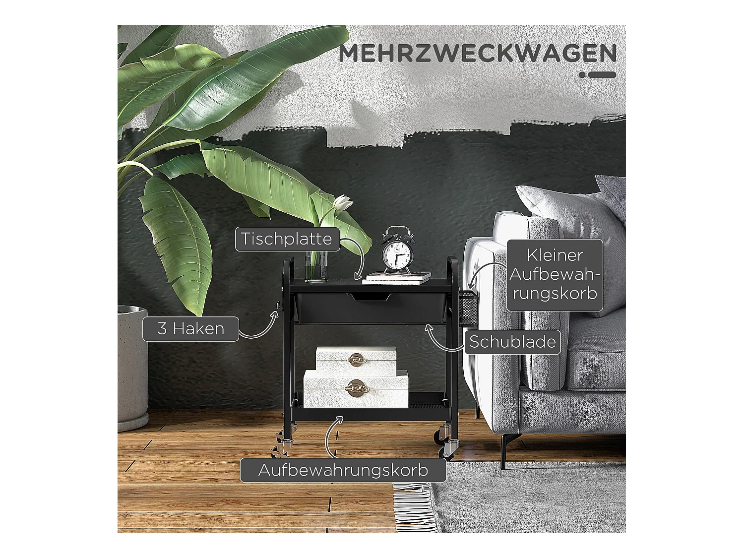 Chariot de service avec 1 tiroir, 1 étagère, porte-serviettes et roulettes, en métal noir (61x32.6x58.5 cm)