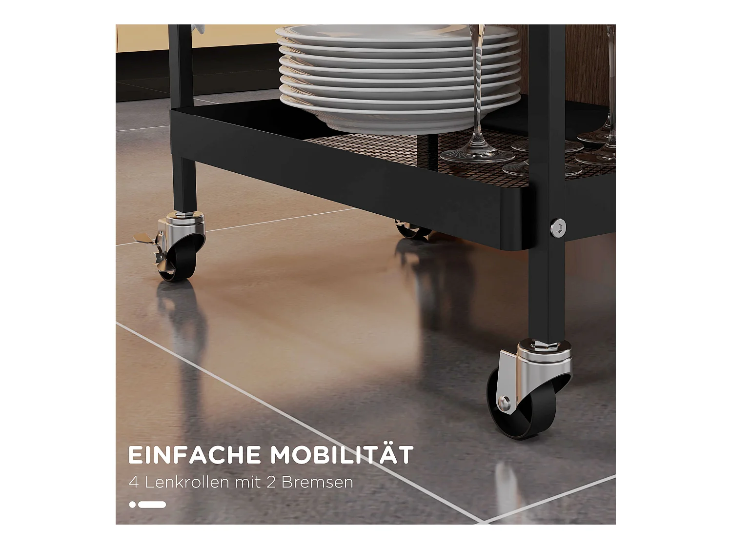 Chariot de service avec 1 tiroir, 1 étagère, porte-serviettes et roulettes, en métal noir (61x32.6x58.5 cm)