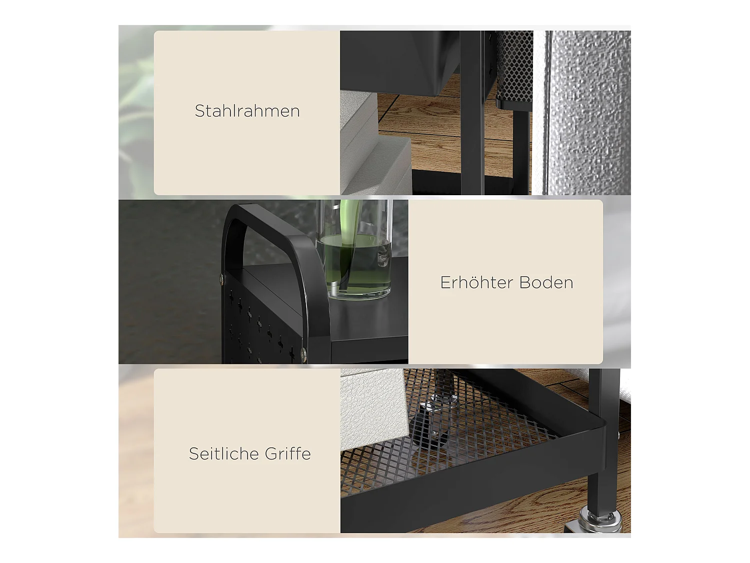 Chariot de service avec 1 tiroir, 1 étagère, porte-serviettes et roulettes, en métal noir (61x32.6x58.5 cm)