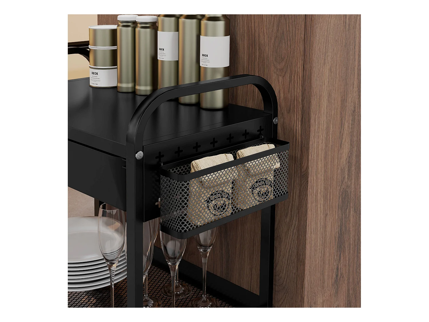 Chariot de service avec 1 tiroir, 1 étagère, porte-serviettes et roulettes, en métal noir (61x32.6x58.5 cm)