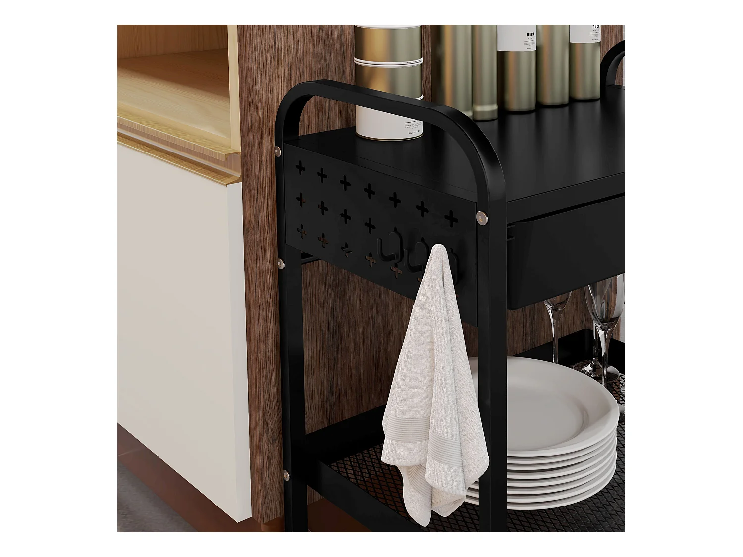 Chariot de service avec 1 tiroir, 1 étagère, porte-serviettes et roulettes, en métal noir (61x32.6x58.5 cm)