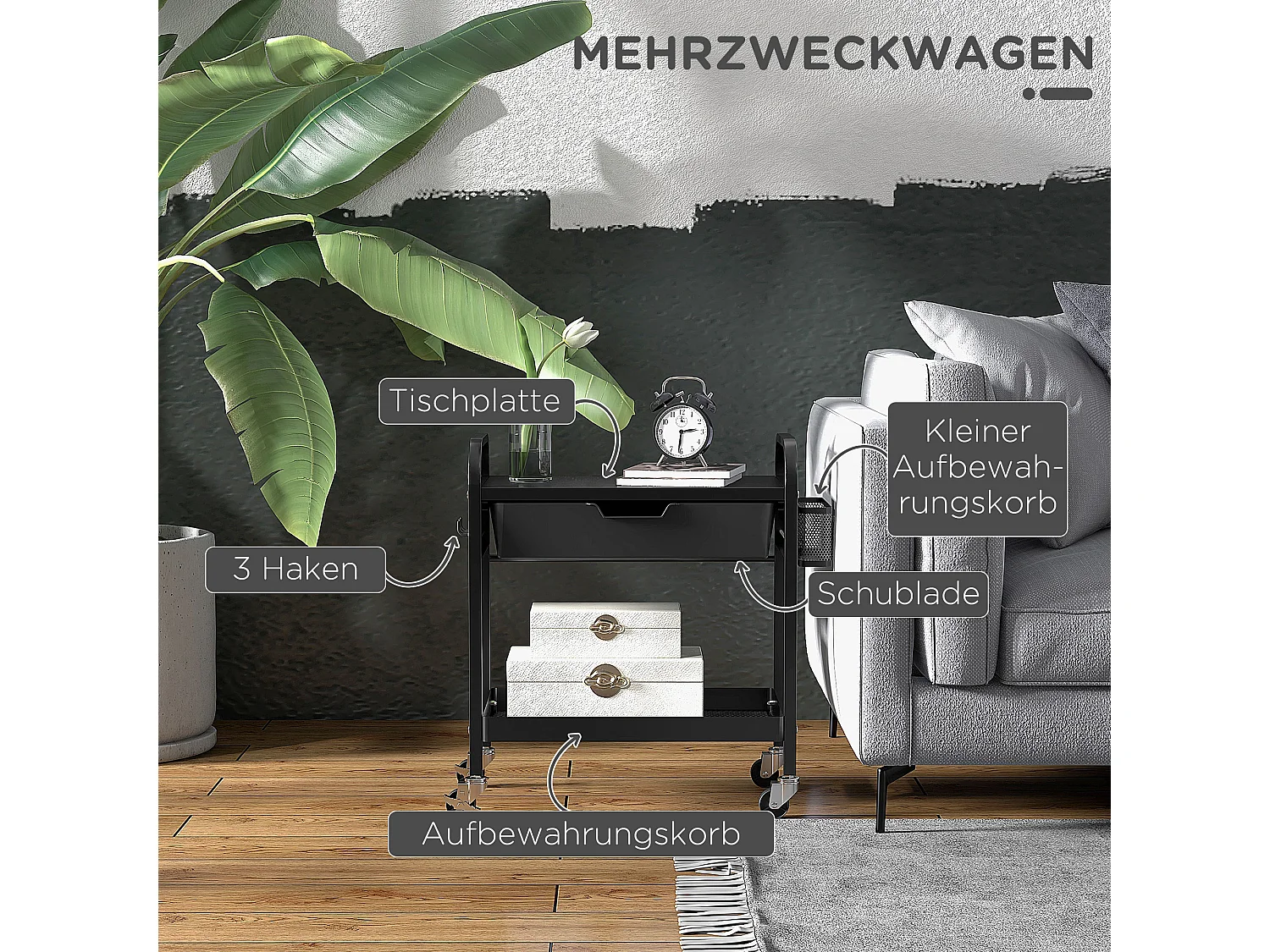 Carrello di servizio con 1 cassetto, 1 ripiano, portasciugamani e ruote, in metallo nero (61x32,6x58,5 cm)