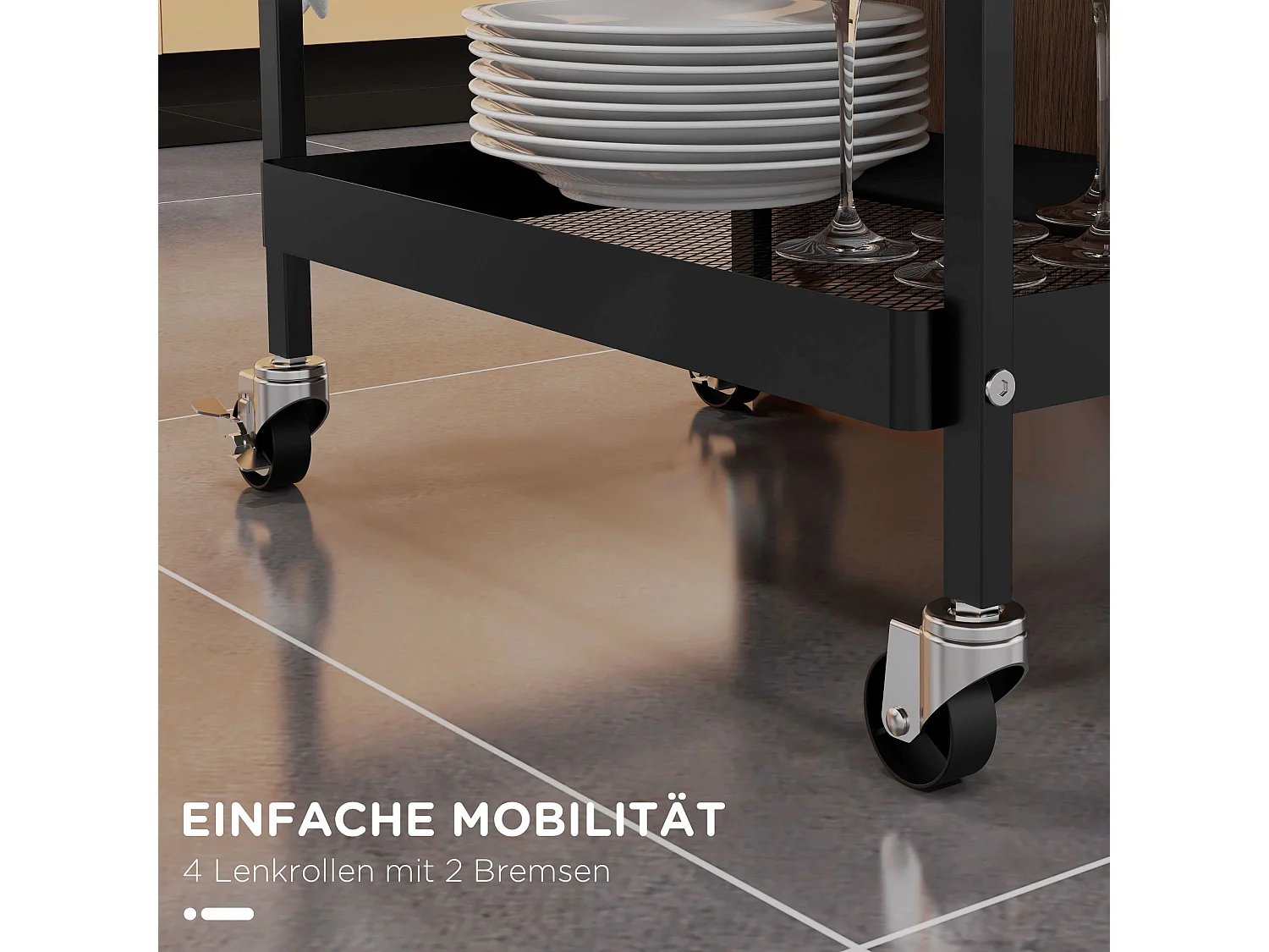 Carrello di servizio con 1 cassetto, 1 ripiano, portasciugamani e ruote, in metallo nero (61x32,6x58,5 cm)