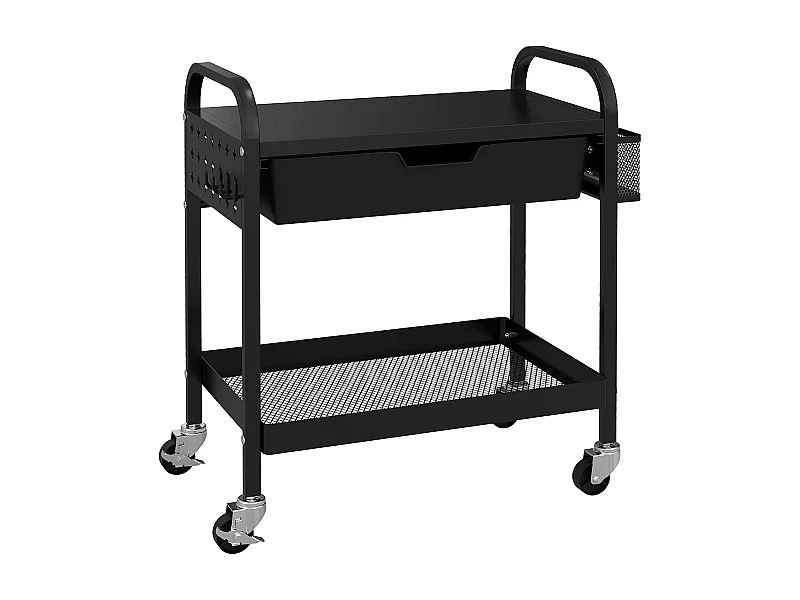Carrello di servizio con 1 cassetto, 1 ripiano, portasciugamani e ruote, in metallo nero (61x32,6x58,5 cm)