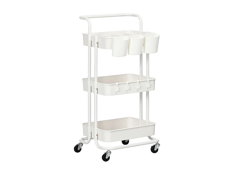 Chariot de service, 3 étages, avec crochets et paniers, acier, blanc (42x38x86.5 cm)