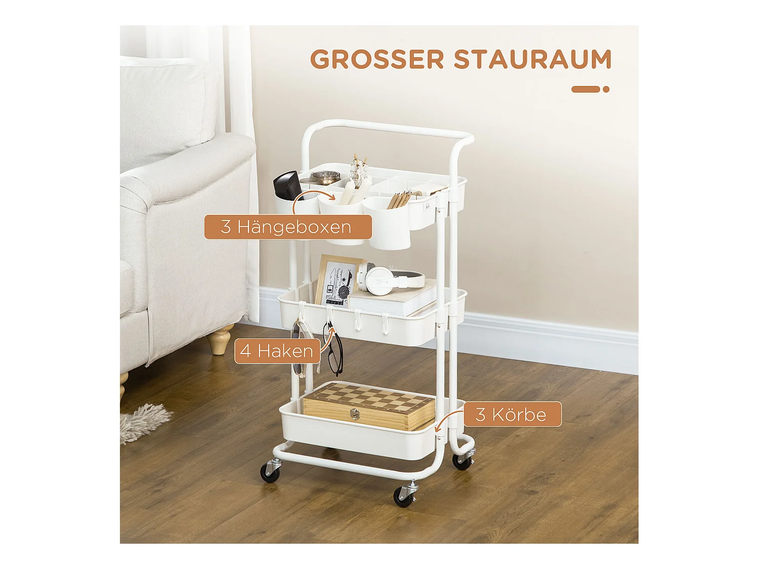 Serveerwagen, 3 etages, met haken en manden, staal, wit (42x38x86,5 cm)