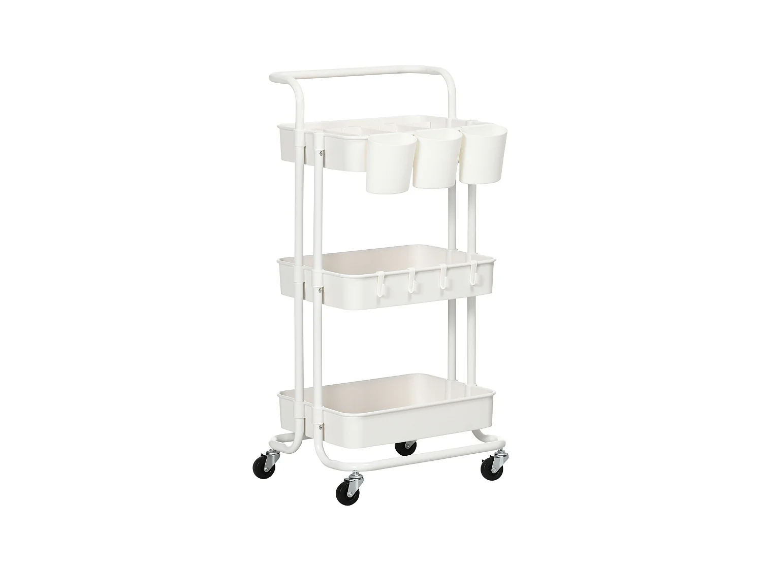Chariot de service, 3 étages, avec crochets et paniers, acier, blanc (42x38x86.5 cm)