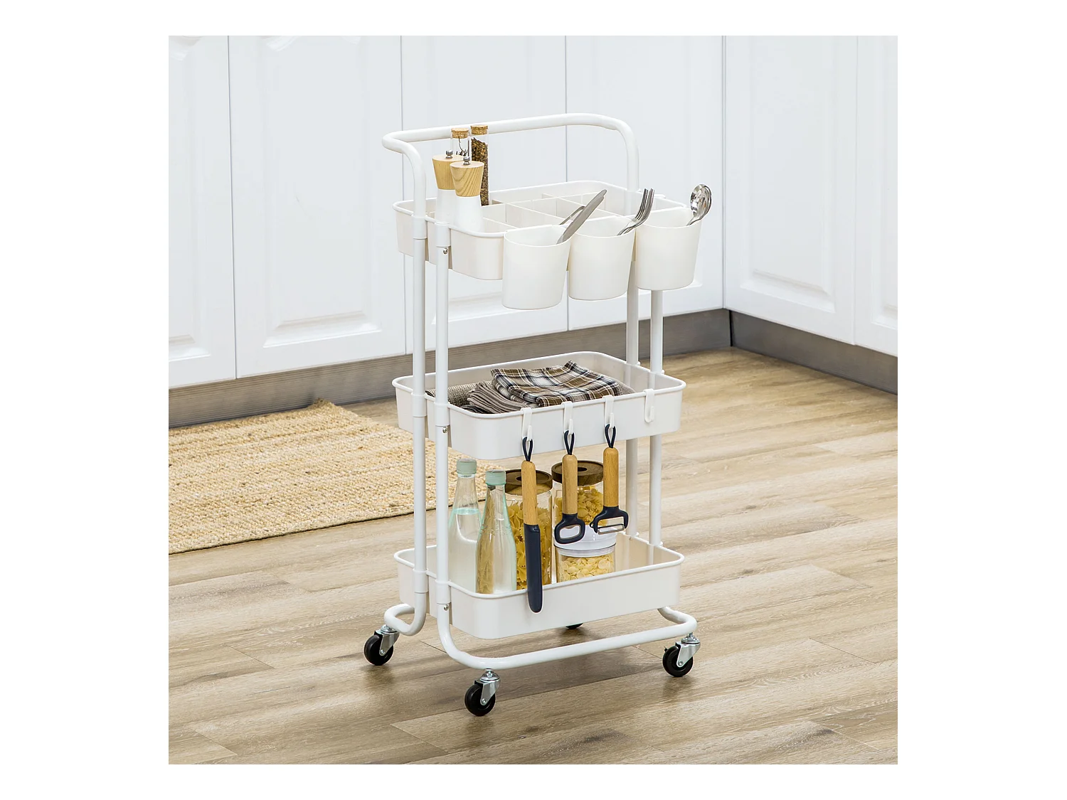 Carrello di servizio a 3 ripiani con ganci e cestini, acciaio, bianco (42x38x86,5 cm)