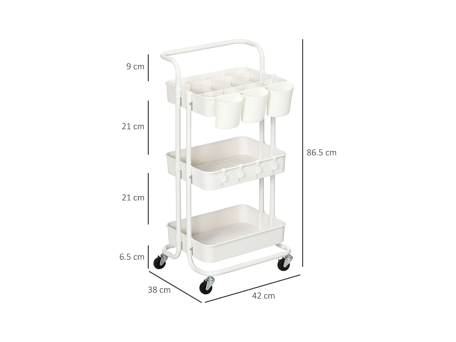 Carrello di servizio a 3 ripiani con ganci e cestini, acciaio, bianco (42x38x86,5 cm)