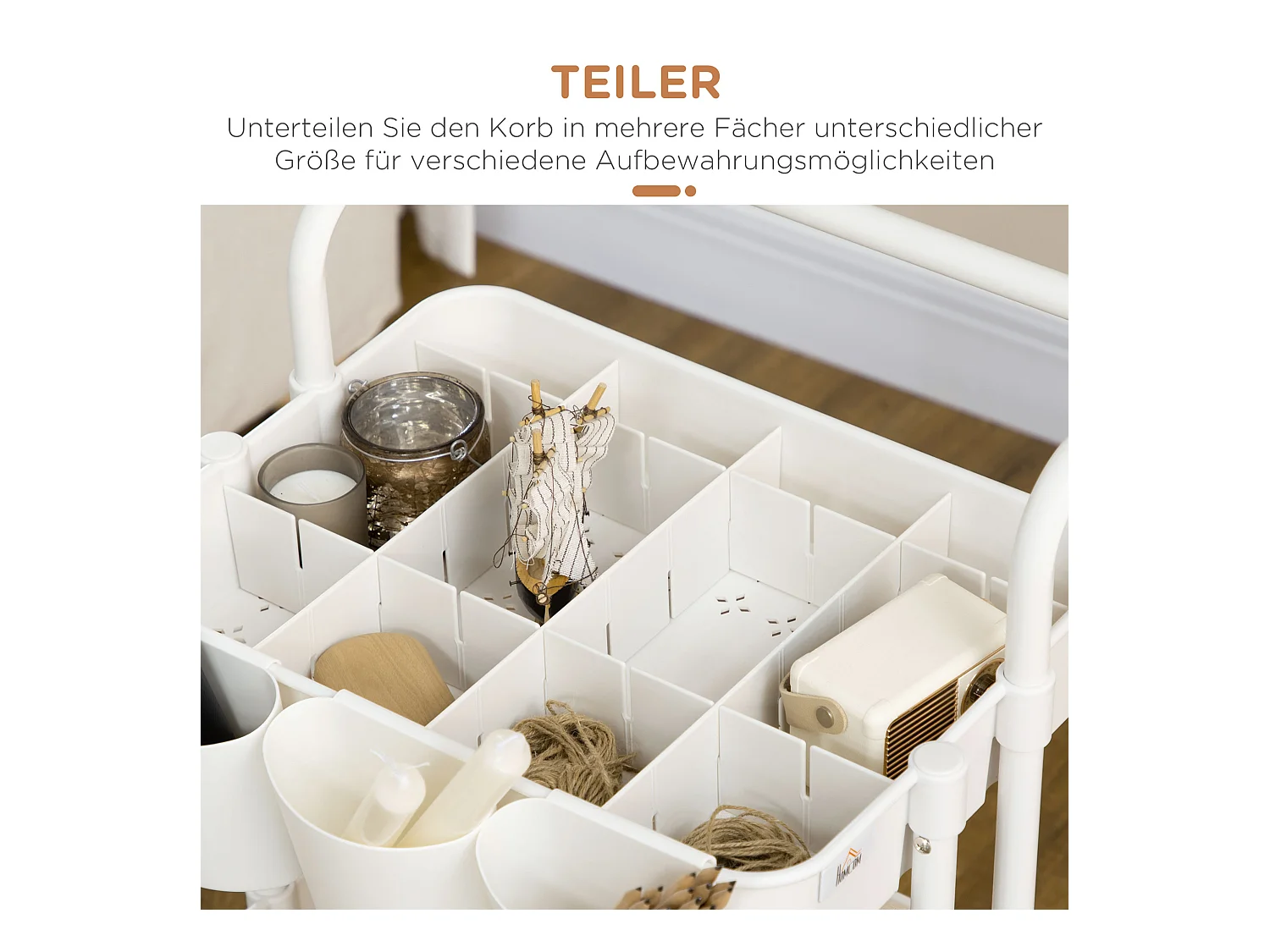 Carrello di servizio a 3 ripiani con ganci e cestini, acciaio, bianco (42x38x86,5 cm)