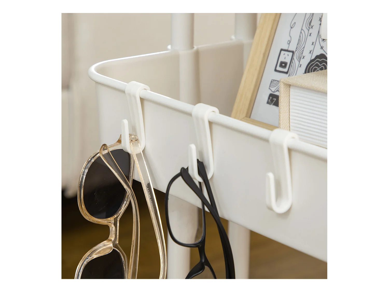 Carrello di servizio a 3 ripiani con ganci e cestini, acciaio, bianco (42x38x86,5 cm)