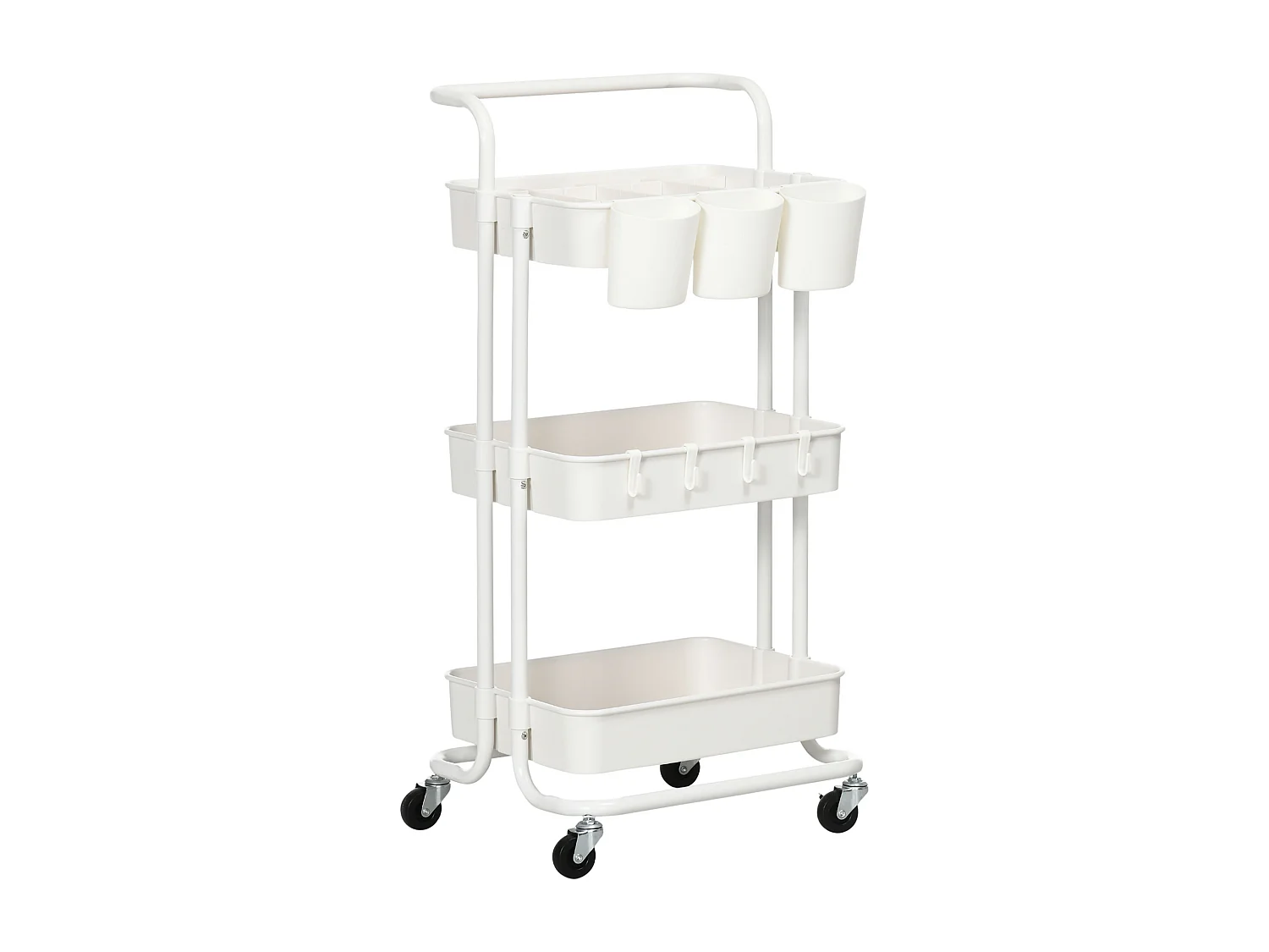 Chariot de service, 3 étages, avec crochets et paniers, acier, blanc (42x38x86.5 cm)