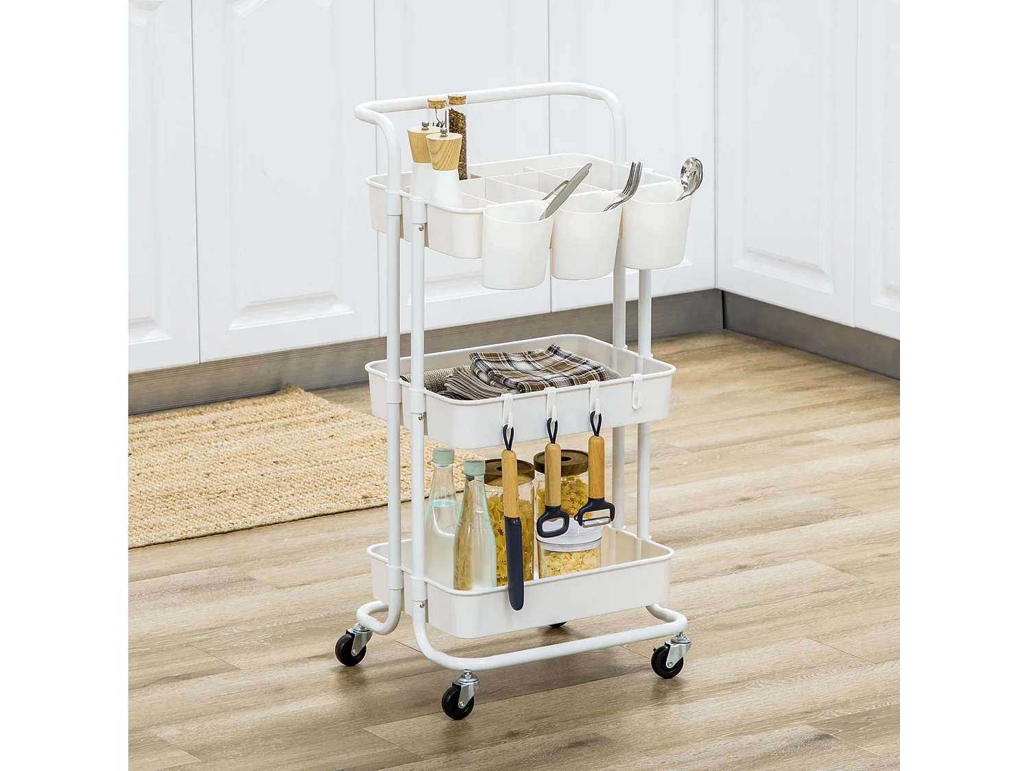 Chariot de service, 3 étages, avec crochets et paniers, acier, blanc (42x38x86.5 cm)