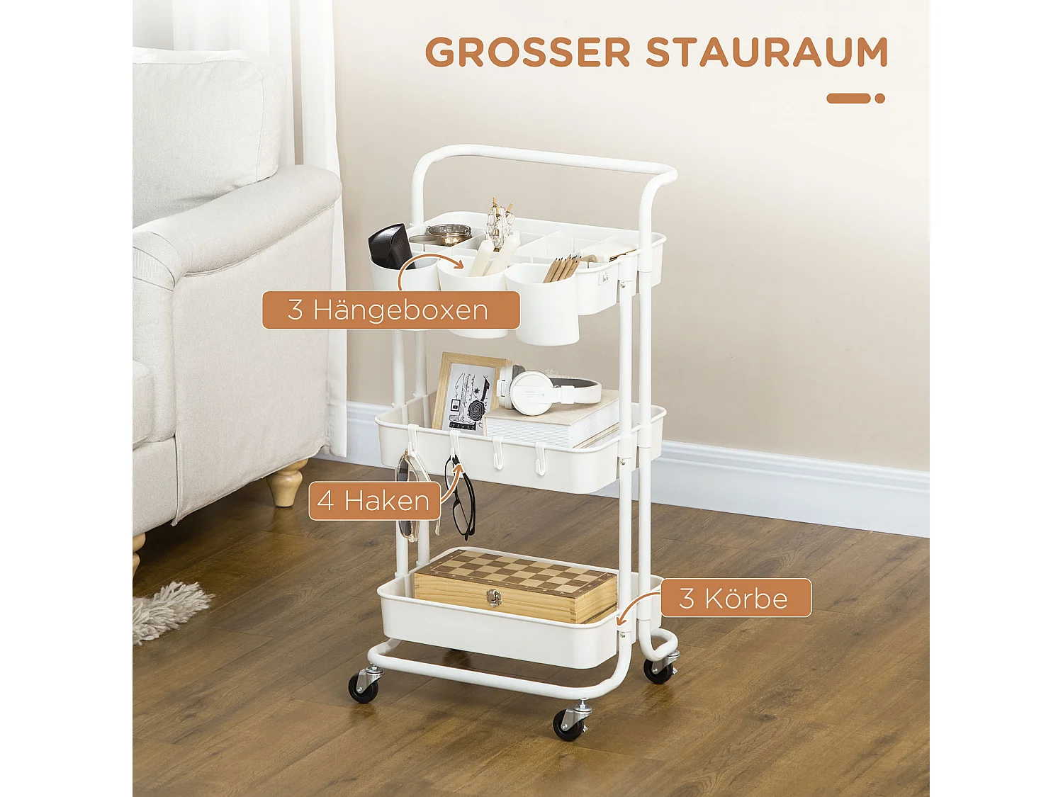 Chariot de service, 3 étages, avec crochets et paniers, acier, blanc (42x38x86.5 cm)