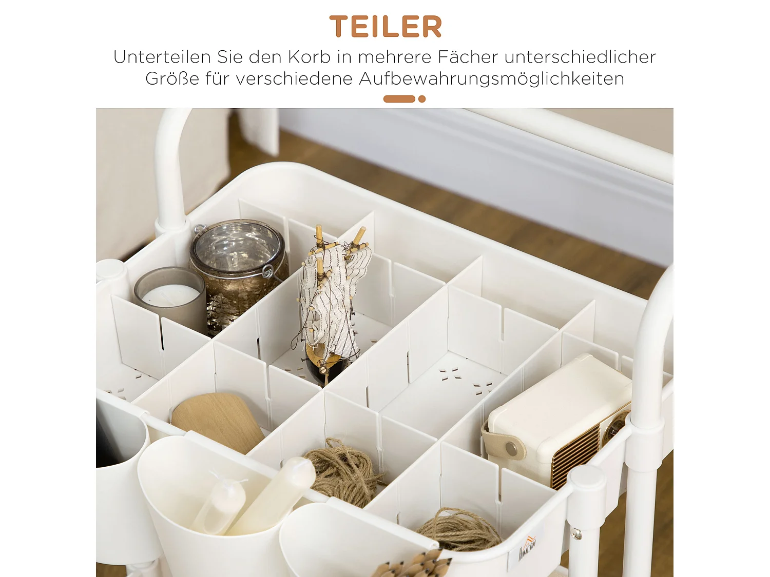 Chariot de service, 3 étages, avec crochets et paniers, acier, blanc (42x38x86.5 cm)