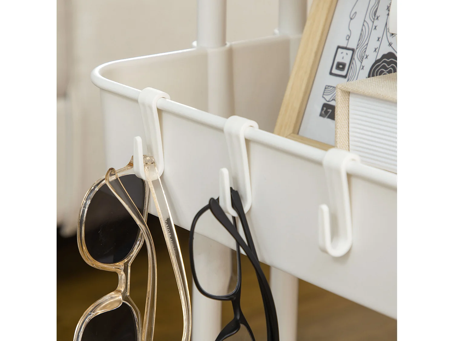 Chariot de service, 3 étages, avec crochets et paniers, acier, blanc (42x38x86.5 cm)