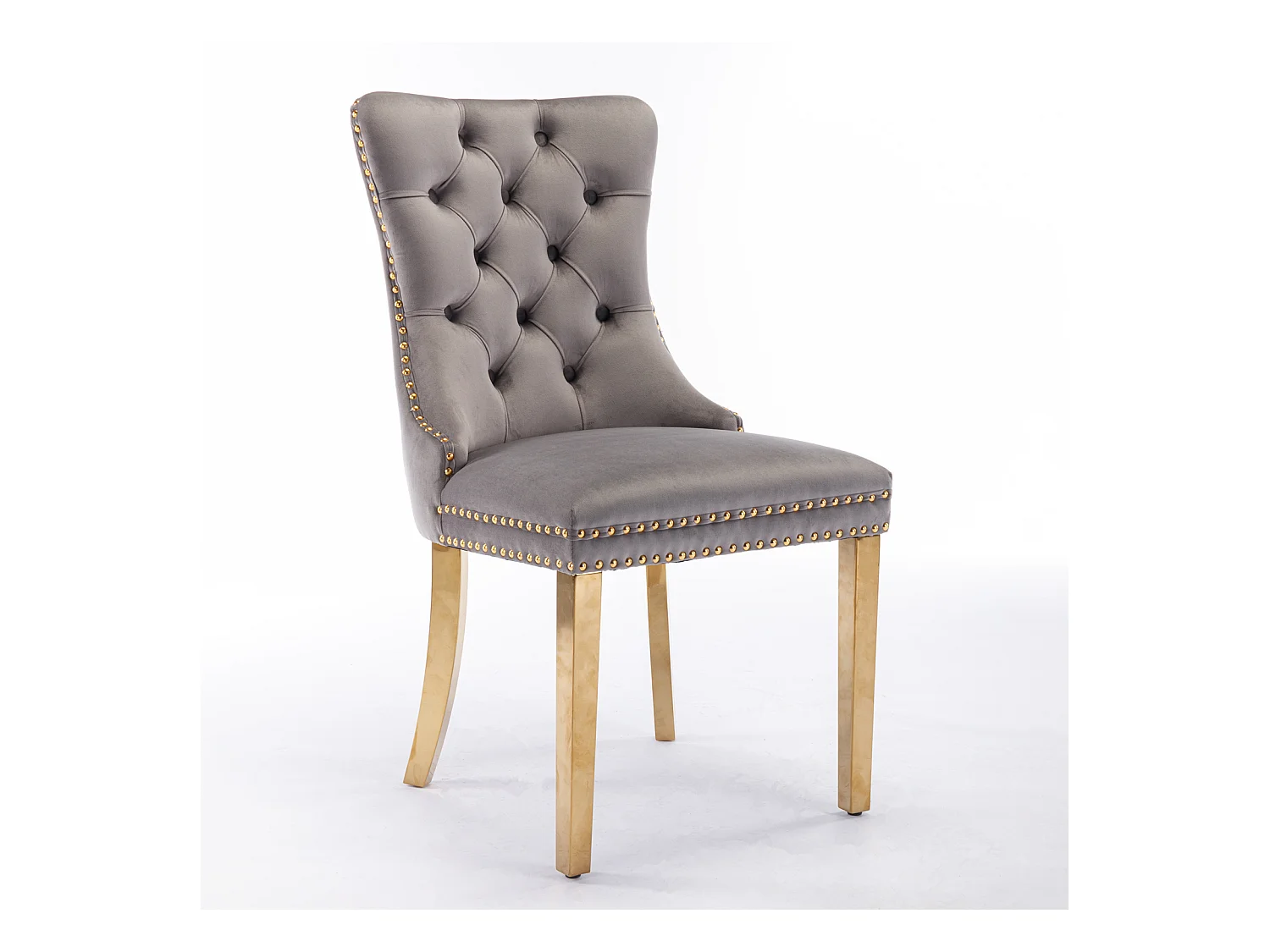 Sedia da pranzo moderna, velluto grigio, gambe in legno, chiodi decorativi, set da 2 (65x50x95 cm)