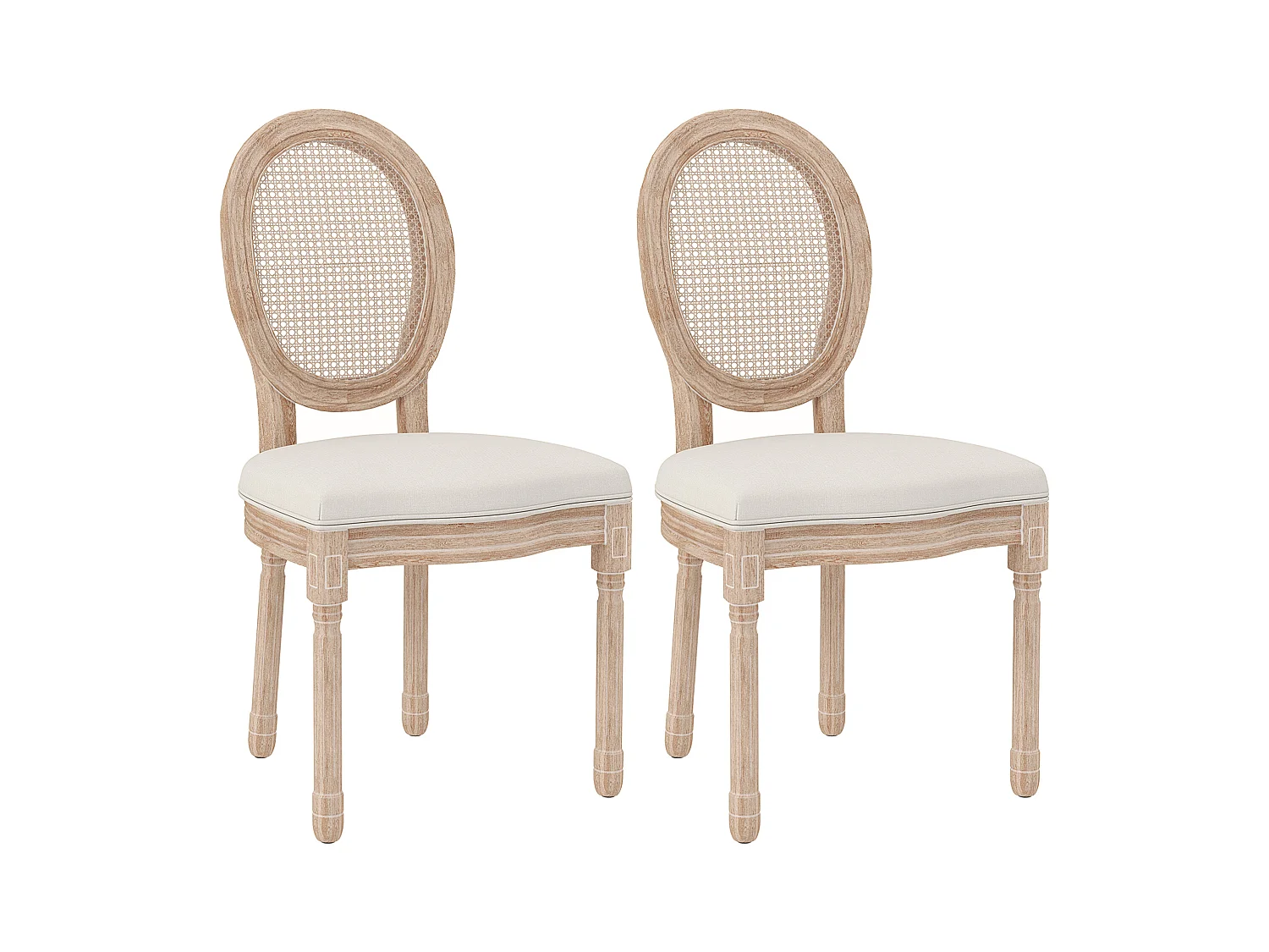 Lot de 2 chaises de salle à manger, dos en rattan, pieds en bois, tissu lin, crème (57x48x96cm)