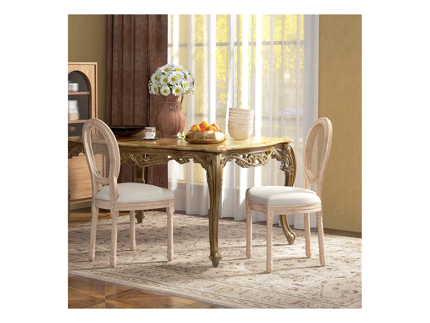 Lot de 2 chaises de salle à manger, dos en rattan, pieds en bois, tissu lin, crème (57x48x96cm)