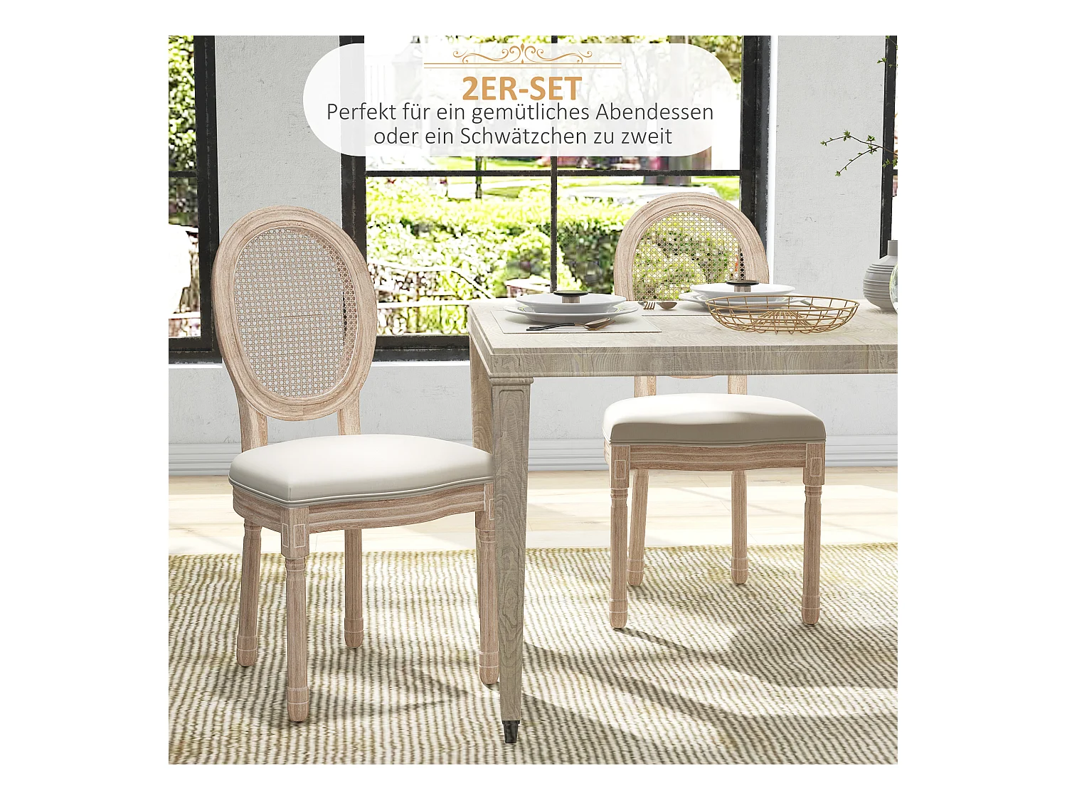 Lot de 2 chaises de salle à manger, dos en rattan, pieds en bois, tissu lin, crème (57x48x96cm)