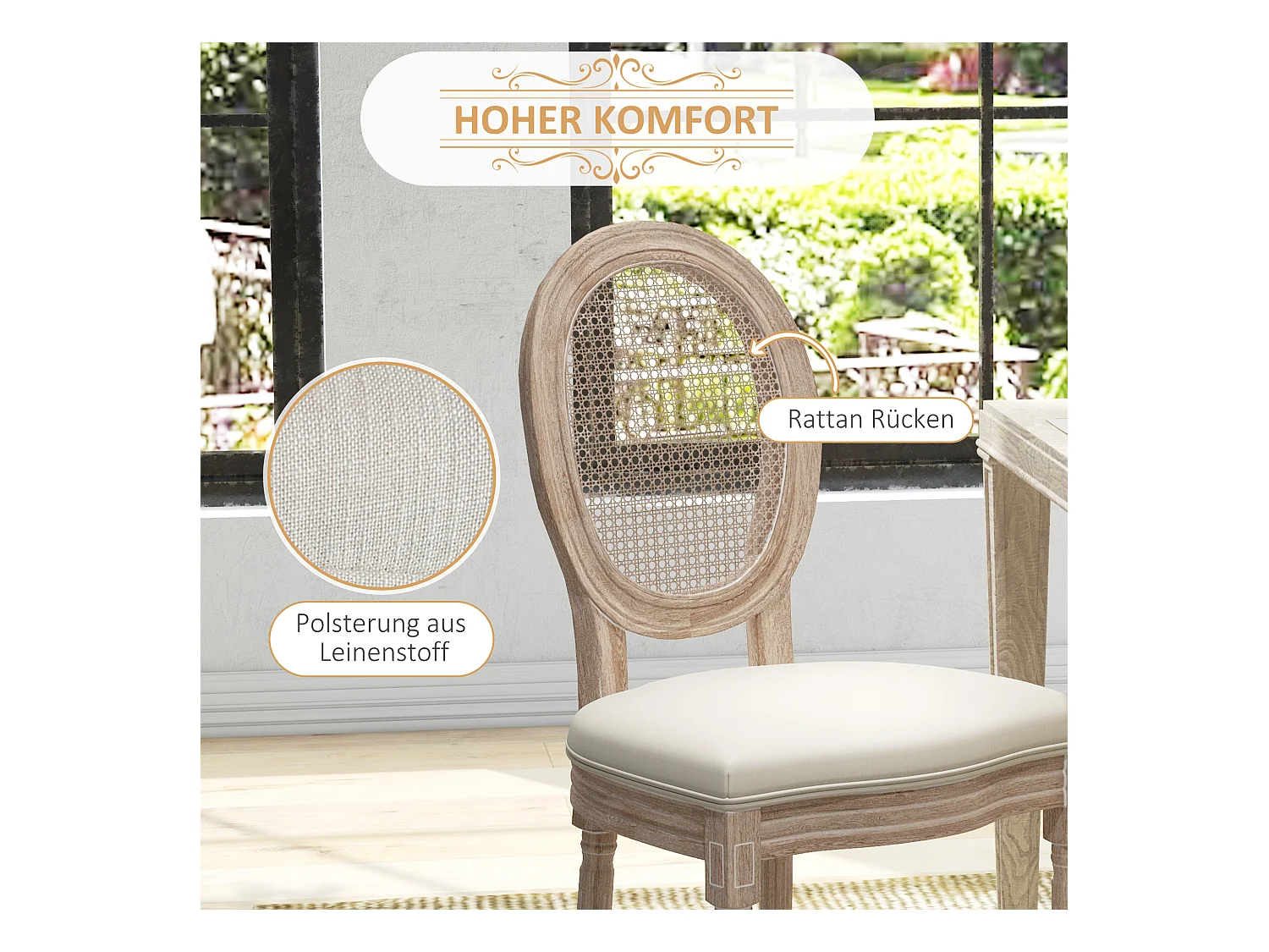 Lot de 2 chaises de salle à manger, dos en rattan, pieds en bois, tissu lin, crème (57x48x96cm)