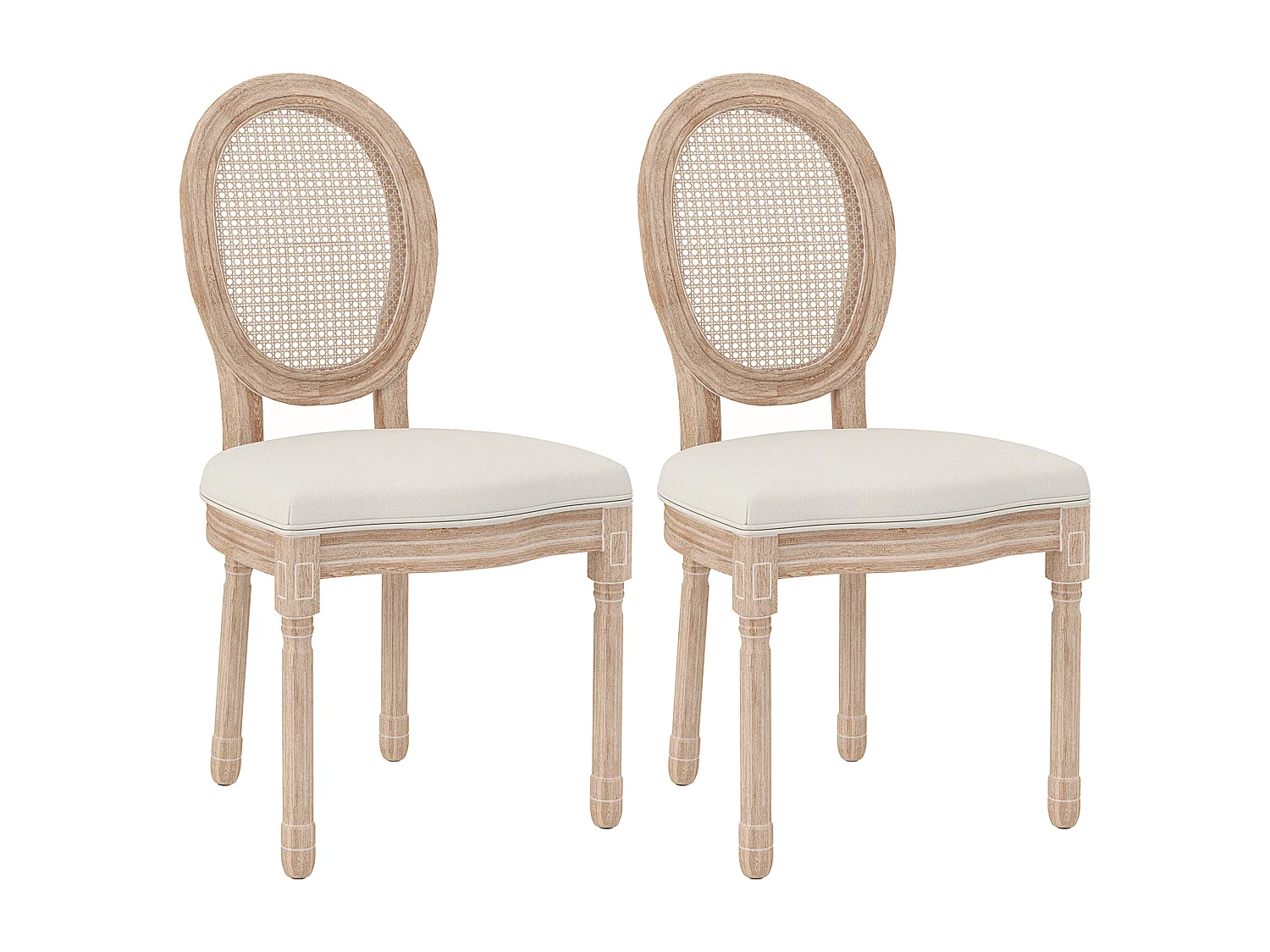 Lot de 2 chaises de salle à manger, dos en rattan, pieds en bois, tissu lin, crème (57x48x96cm)