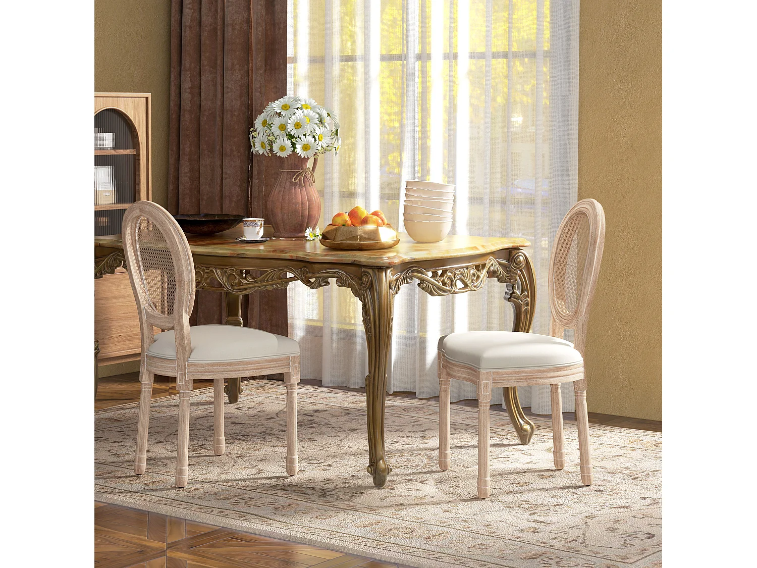 Lot de 2 chaises de salle à manger, dos en rattan, pieds en bois, tissu lin, crème (57x48x96cm)