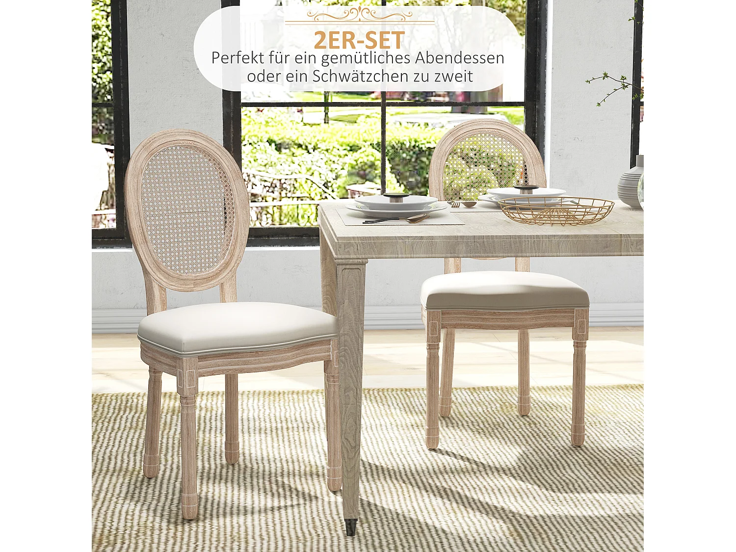 Lot de 2 chaises de salle à manger, dos en rattan, pieds en bois, tissu lin, crème (57x48x96cm)