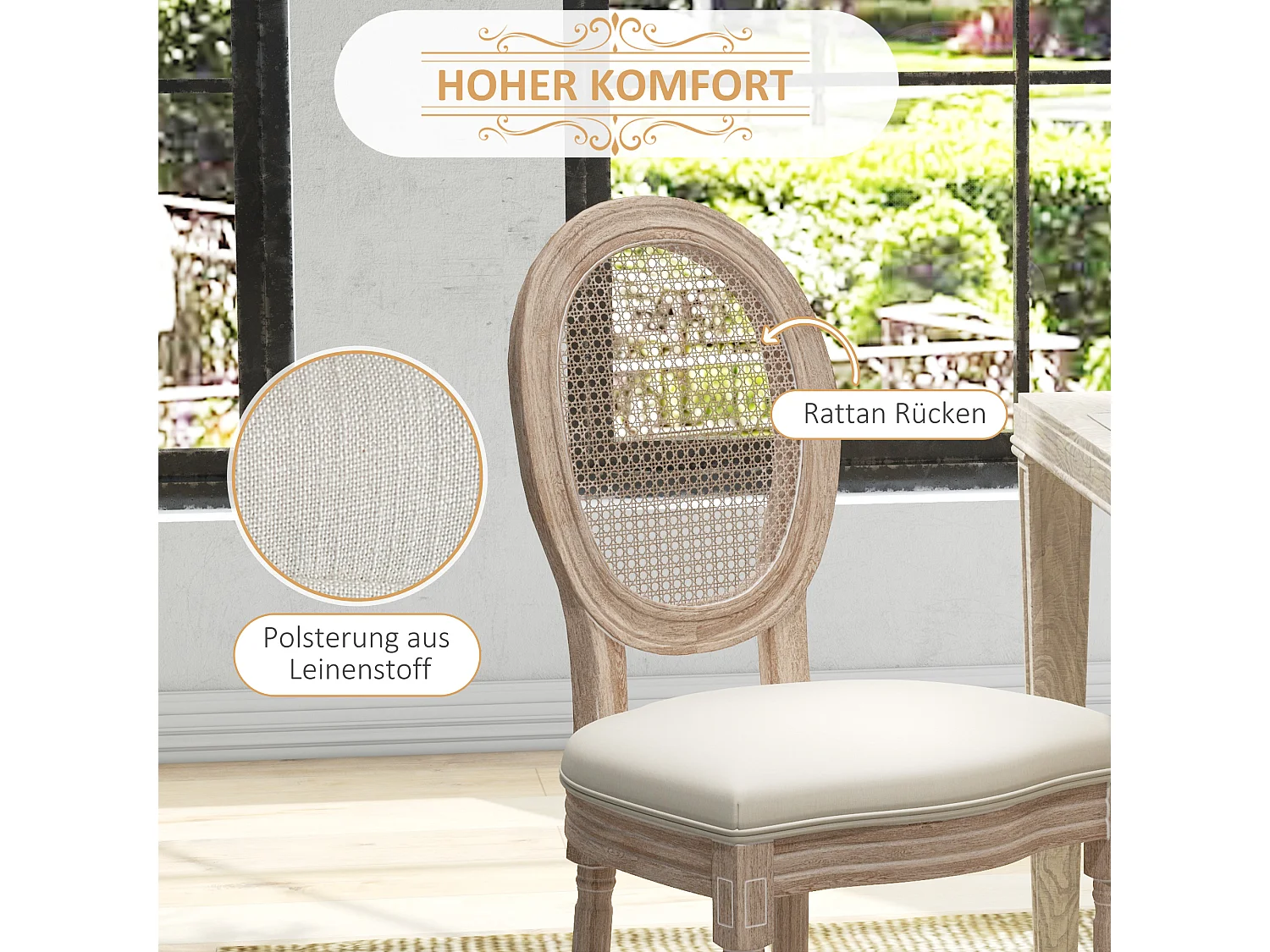 Lot de 2 chaises de salle à manger, dos en rattan, pieds en bois, tissu lin, crème (57x48x96cm)