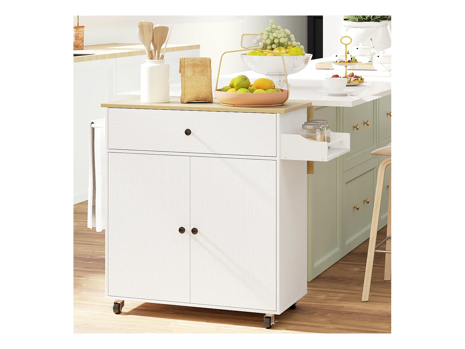 Isla de cocina con ruedas, con encimera abatible, cajón y balda, color blanco (106x42x87 cm)