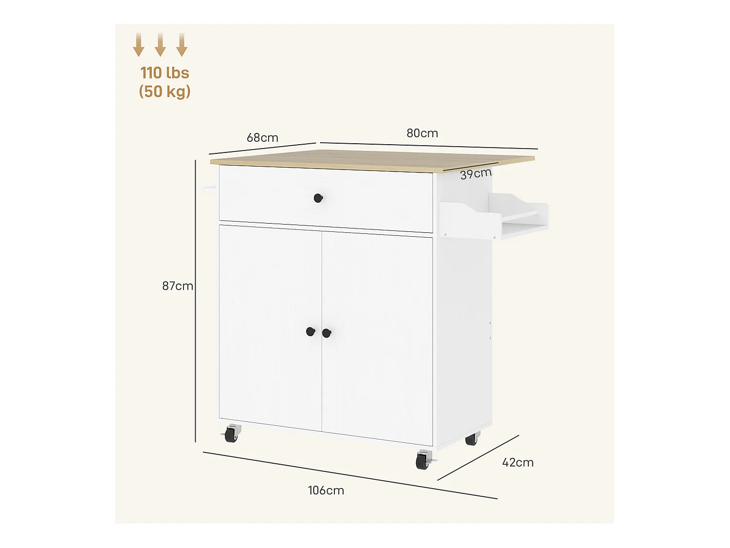 Isla de cocina con ruedas, con encimera abatible, cajón y balda, color blanco (106x42x87 cm)