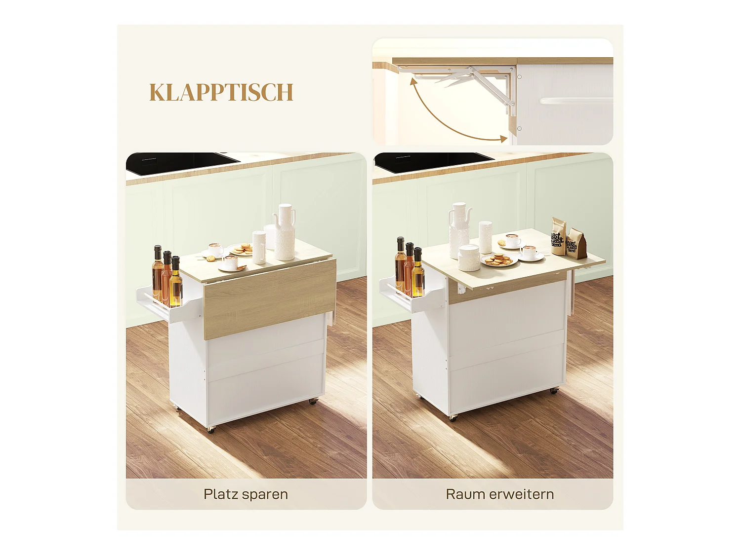 Isla de cocina con ruedas, con encimera abatible, cajón y balda, color blanco (106x42x87 cm)