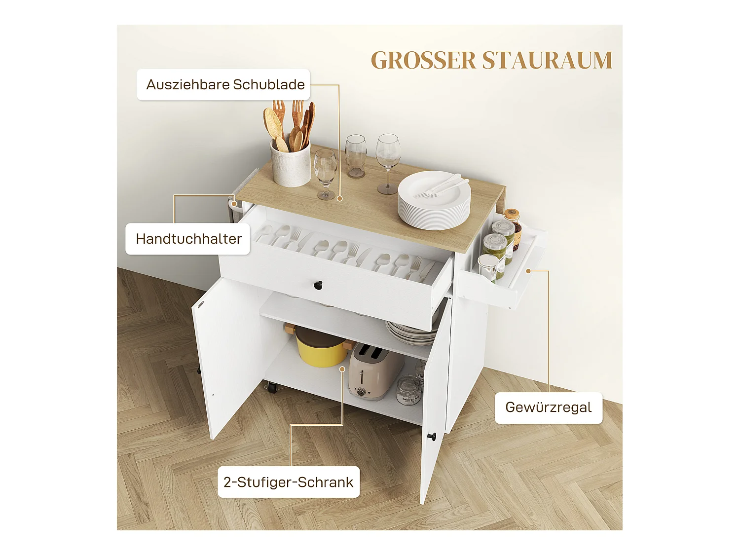 Isla de cocina con ruedas, con encimera abatible, cajón y balda, color blanco (106x42x87 cm)