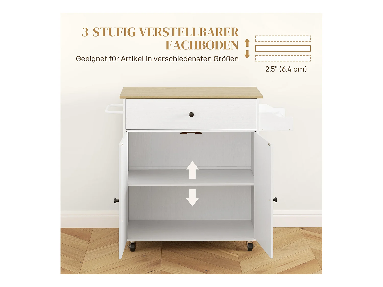 Isla de cocina con ruedas, con encimera abatible, cajón y balda, color blanco (106x42x87 cm)