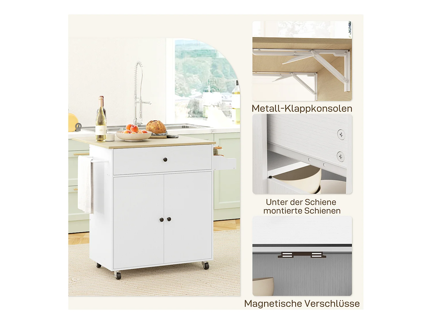 Isla de cocina con ruedas, con encimera abatible, cajón y balda, color blanco (106x42x87 cm)