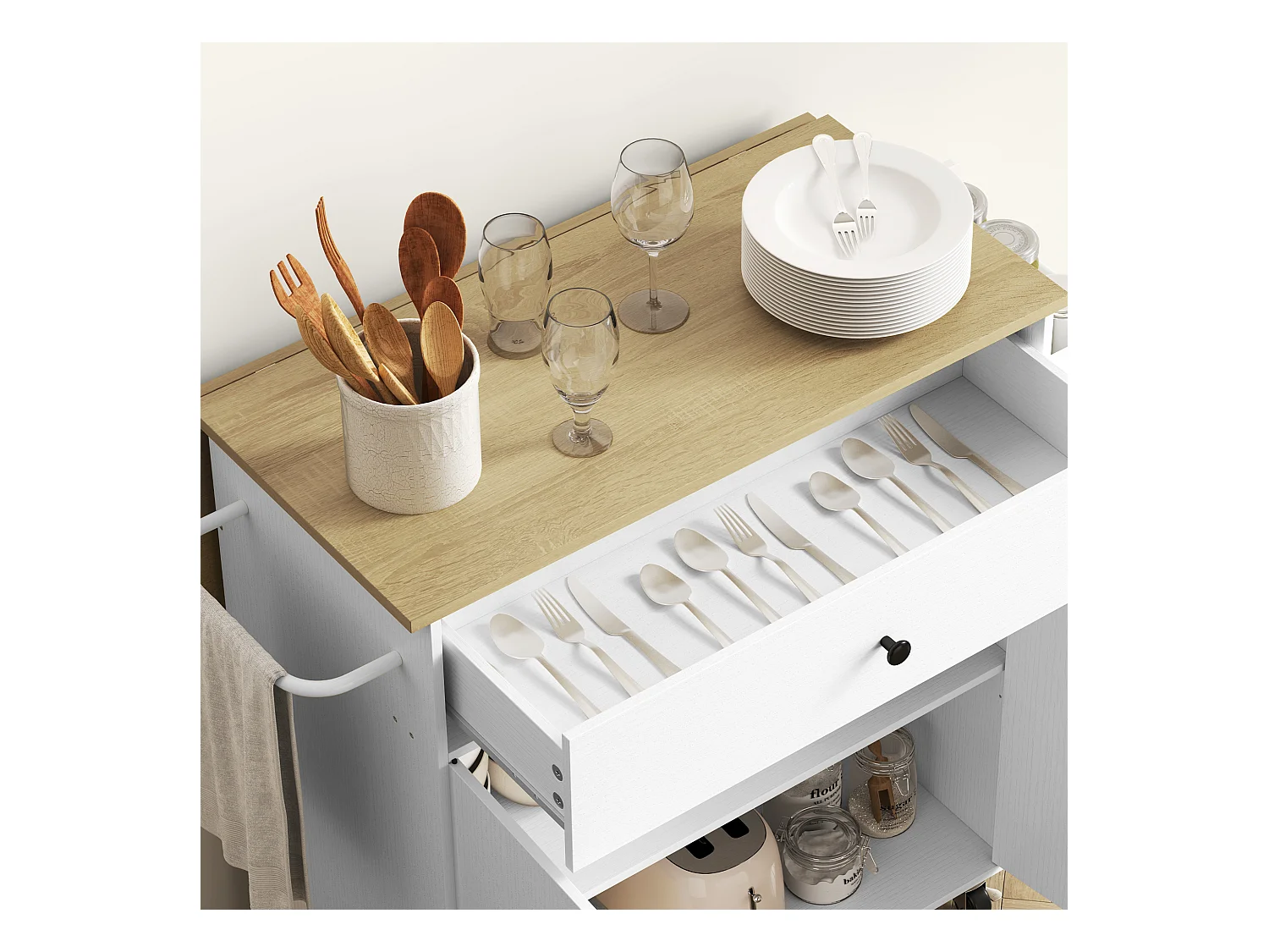 Isla de cocina con ruedas, con encimera abatible, cajón y balda, color blanco (106x42x87 cm)