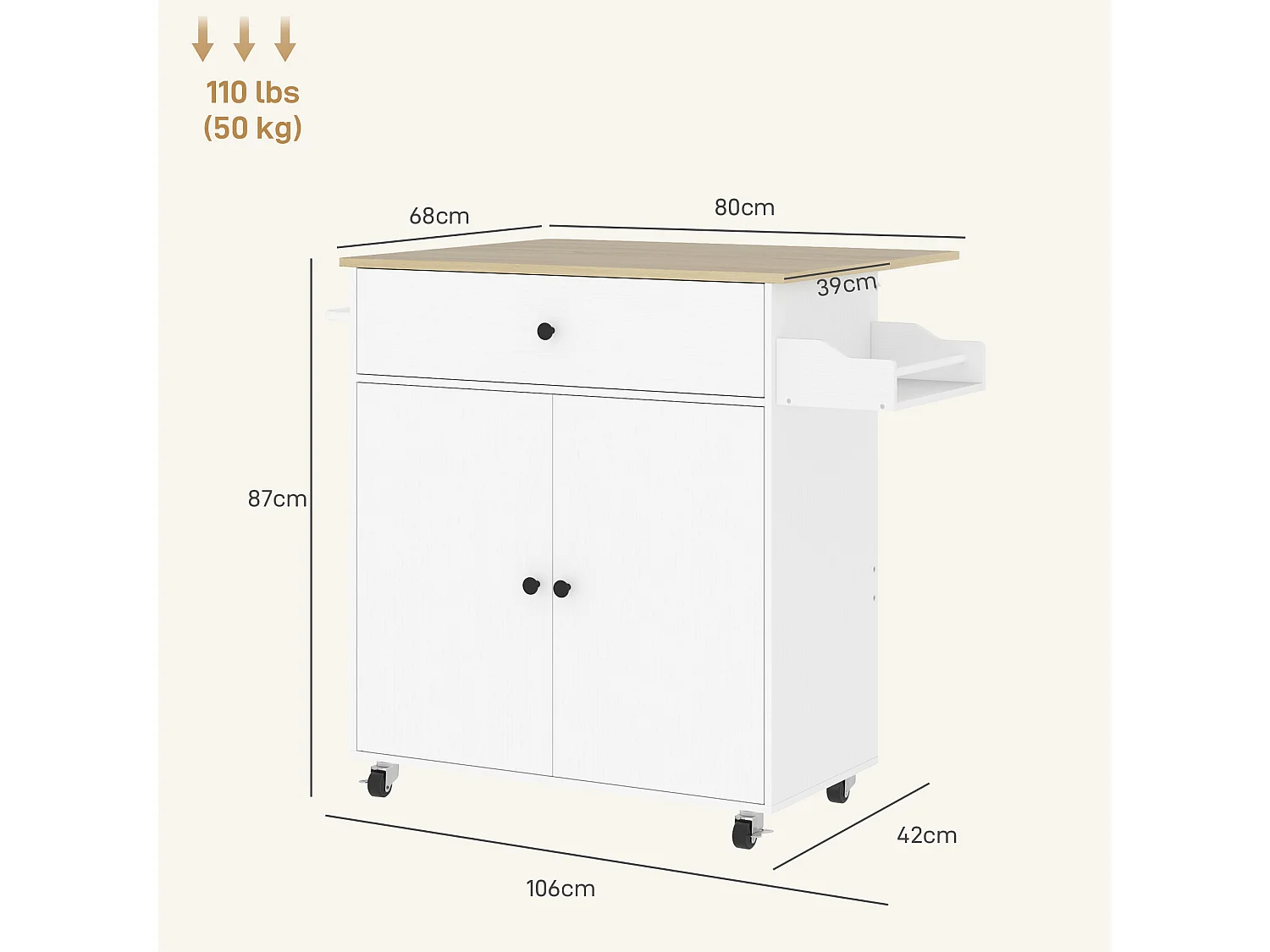 Îlot de cuisine sur roulettes, avec plan de travail rabattable, tiroir et étagère, blanc (106x42x87 cm)