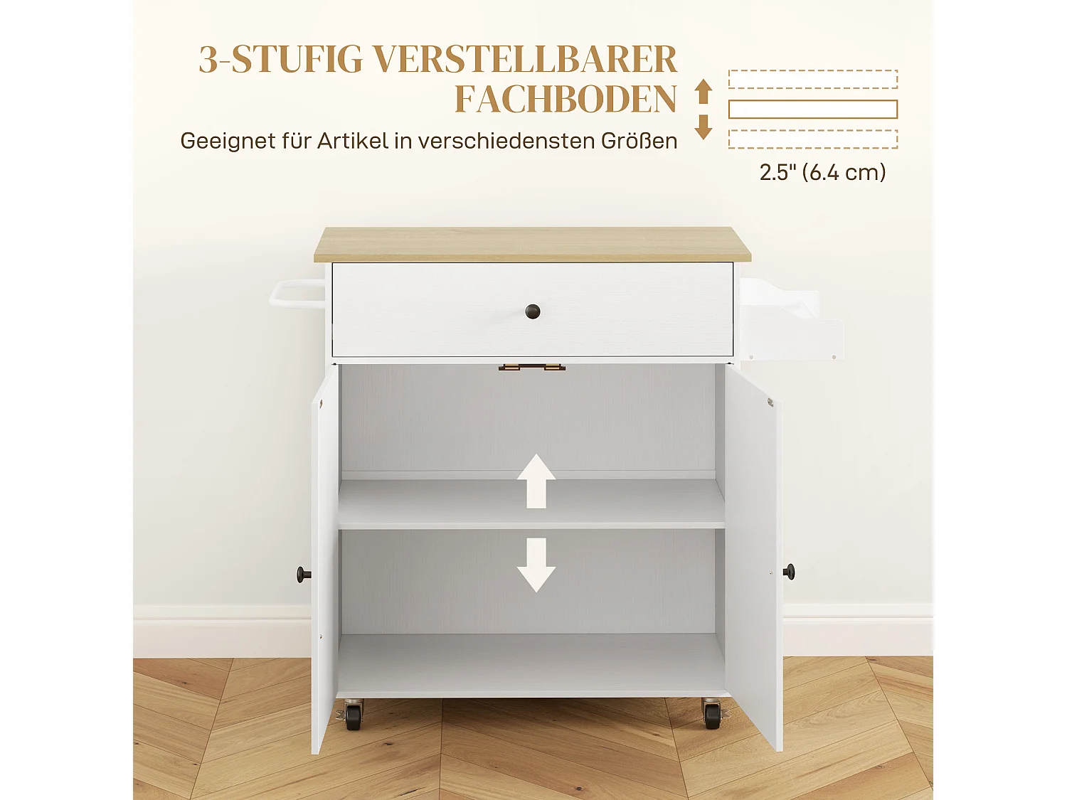 Îlot de cuisine sur roulettes, avec plan de travail rabattable, tiroir et étagère, blanc (106x42x87 cm)