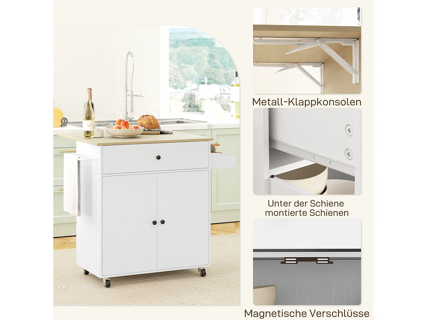 Îlot de cuisine sur roulettes, avec plan de travail rabattable, tiroir et étagère, blanc (106x42x87 cm)